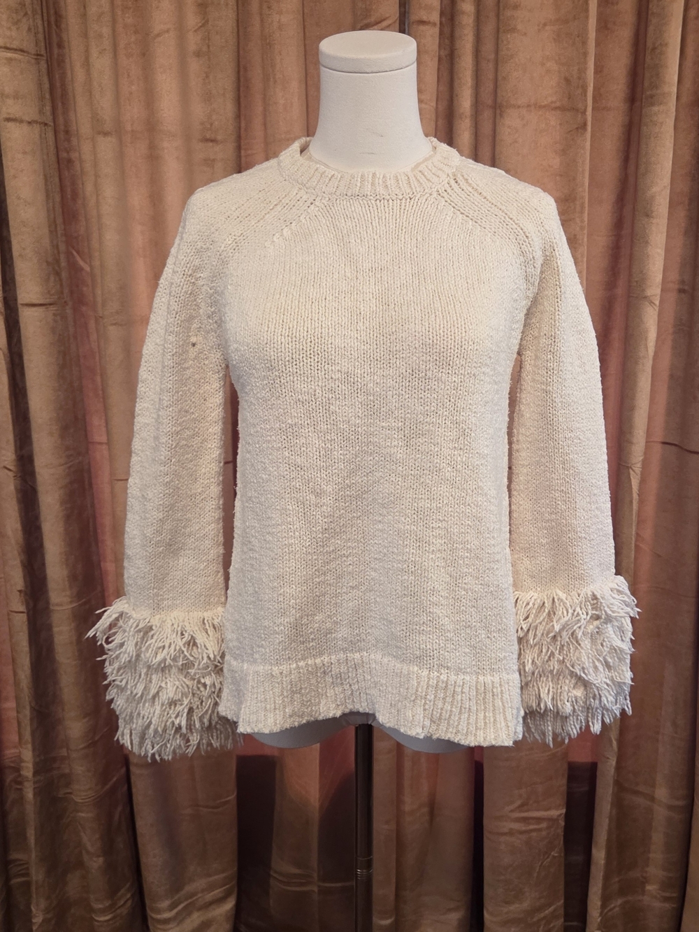 MICHAEL Michael Kors Cream Fringe-Cuff Crew Sweater. Small
